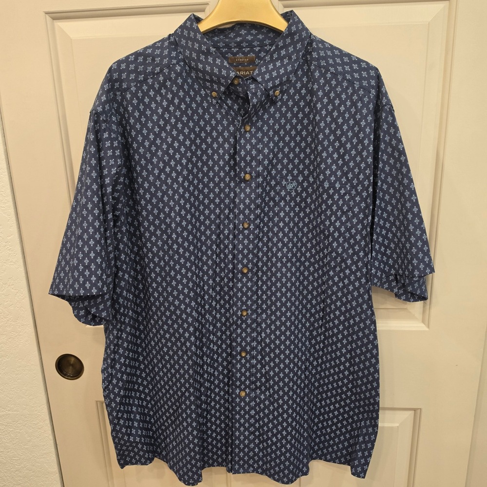 Ariat Geometric Print Short Sleeve Stretch Button Down Shirt Mens XXL Blue